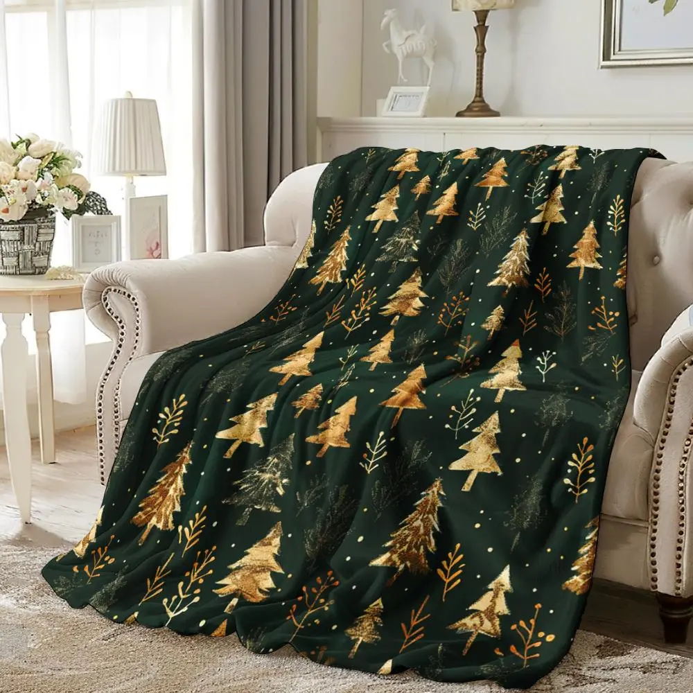 Christmas Elements 1pc Vintage Golden Texture Cedar Snowflakes Christmas Tree Print Blanket Soft Warm Lightweight Cozy Blanket for Naps Office Home Decor Great Holiday Gifts for Classmates Friends Family Lovers, Classic, Home & Travel