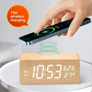 Multifunctional 15W Fast Charging Wooden Temperature and Humidity Wireless Charging LED Perpetual Calendar Clock Snooze Alarm Clock Creative Electronic Clock