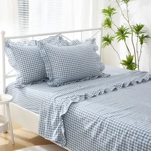 Dust Blue White Ruffle Sheets King Size 4-Piece Set, 300TC 100% Yarn Dyed Cotton Sheets 18 in Deep Classic Gingham Decorative Bedding (Dust Blue/White, King)