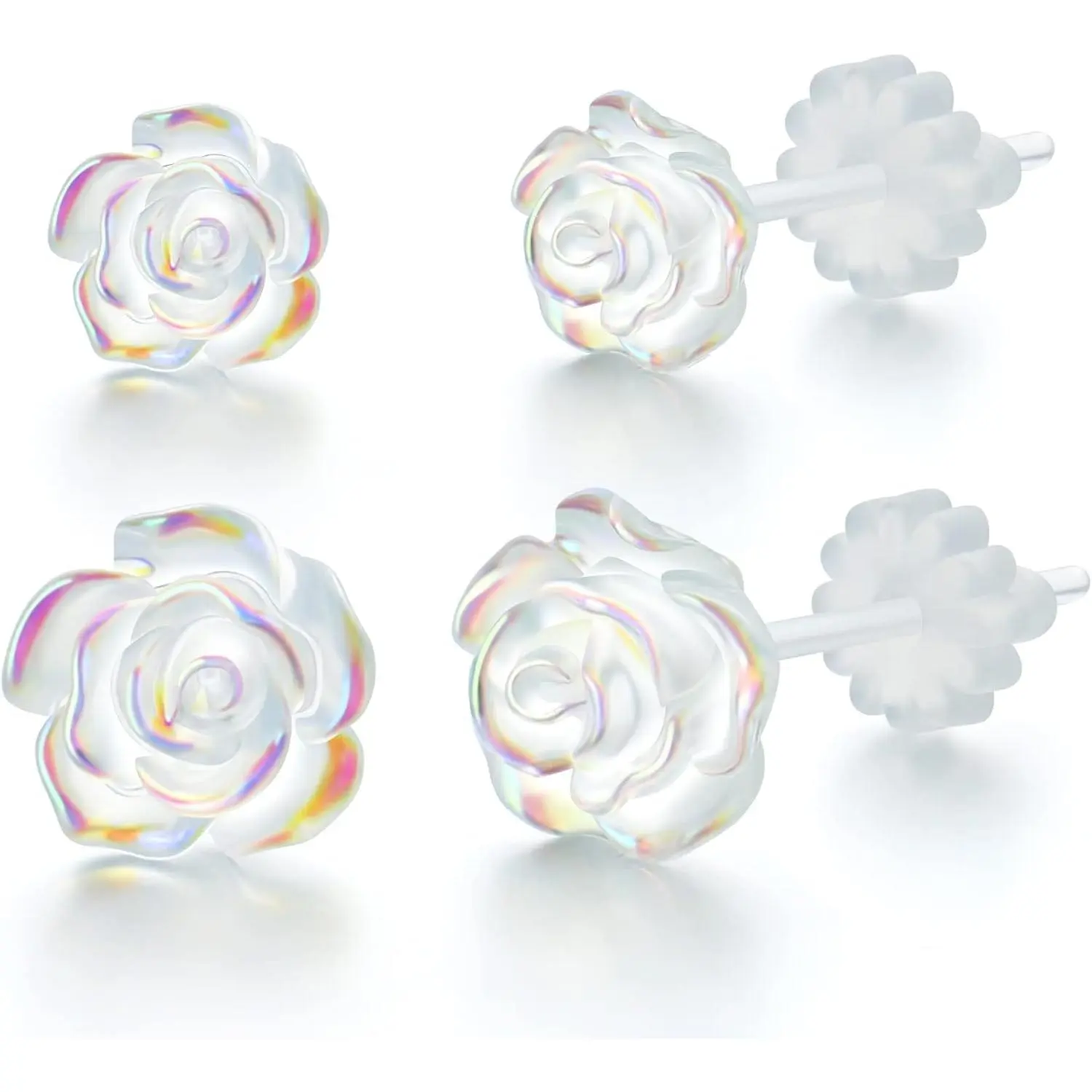 Plastic  Earrings for  Ears,  2 Pairs (6mm & 8mm) Clear  Rose Non-metal Fully Plastic Stud Earrings for Women - , Elegant Comfortable, Chic, Light