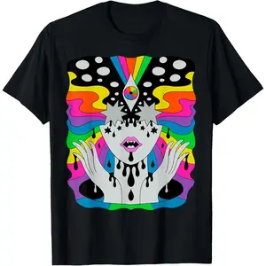 Men's Short Sleeve Leisurely Top Colorful Psychedelic Girl Trippy Abstract Third Eye Vision T-Shirt