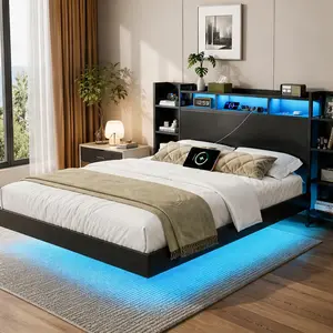 ARCH Twin Size Floating Bed Frame with USB Charging Station, Storage Headboard and LED Lights, Heavy Duty Metal Platform Bed Frame, No Box Spring Needed, Black MDF+Metal, Bedroom Furniture, Twin Size Options, Black Color Options, MDF+Metal Material