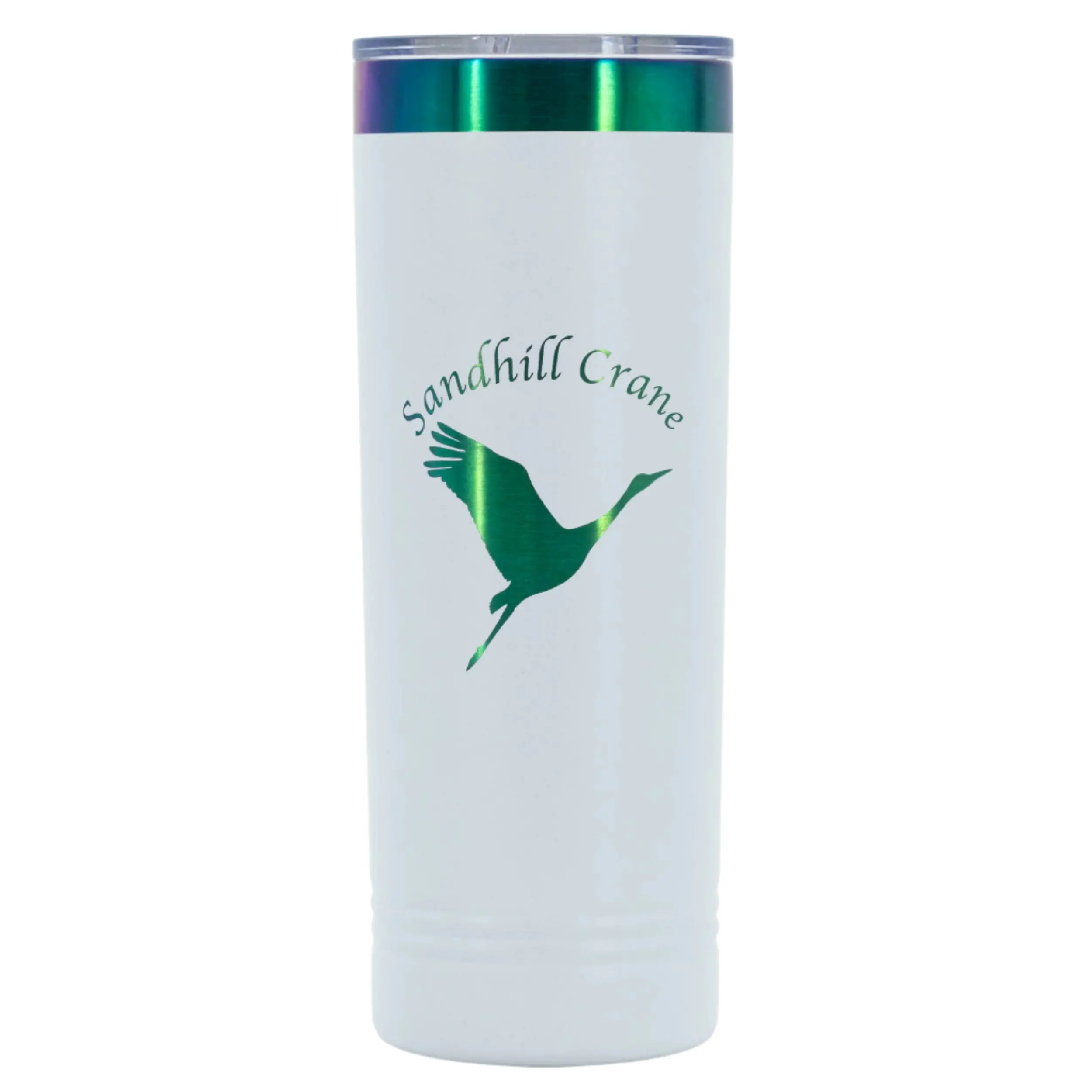 Sandhill Crane Skinny Tumbler with Slider Lid | 22 oz | Rainbow Chrome Engraving | Multiple Colors | RCK Creations & More
