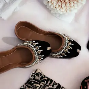 Black Velvet Khussa Sandal: Beaded Pakistani Indian Mojari Jutti