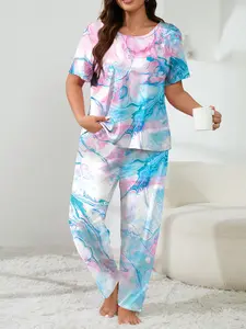 Women's Plus Size Short Sleeve Long Pants Set, Casual Comfortable Home Wear, Loose Fit Sleepwear, Stylish & Cozy Loungewear Pajama Set Print, Comfy Pyjama Set