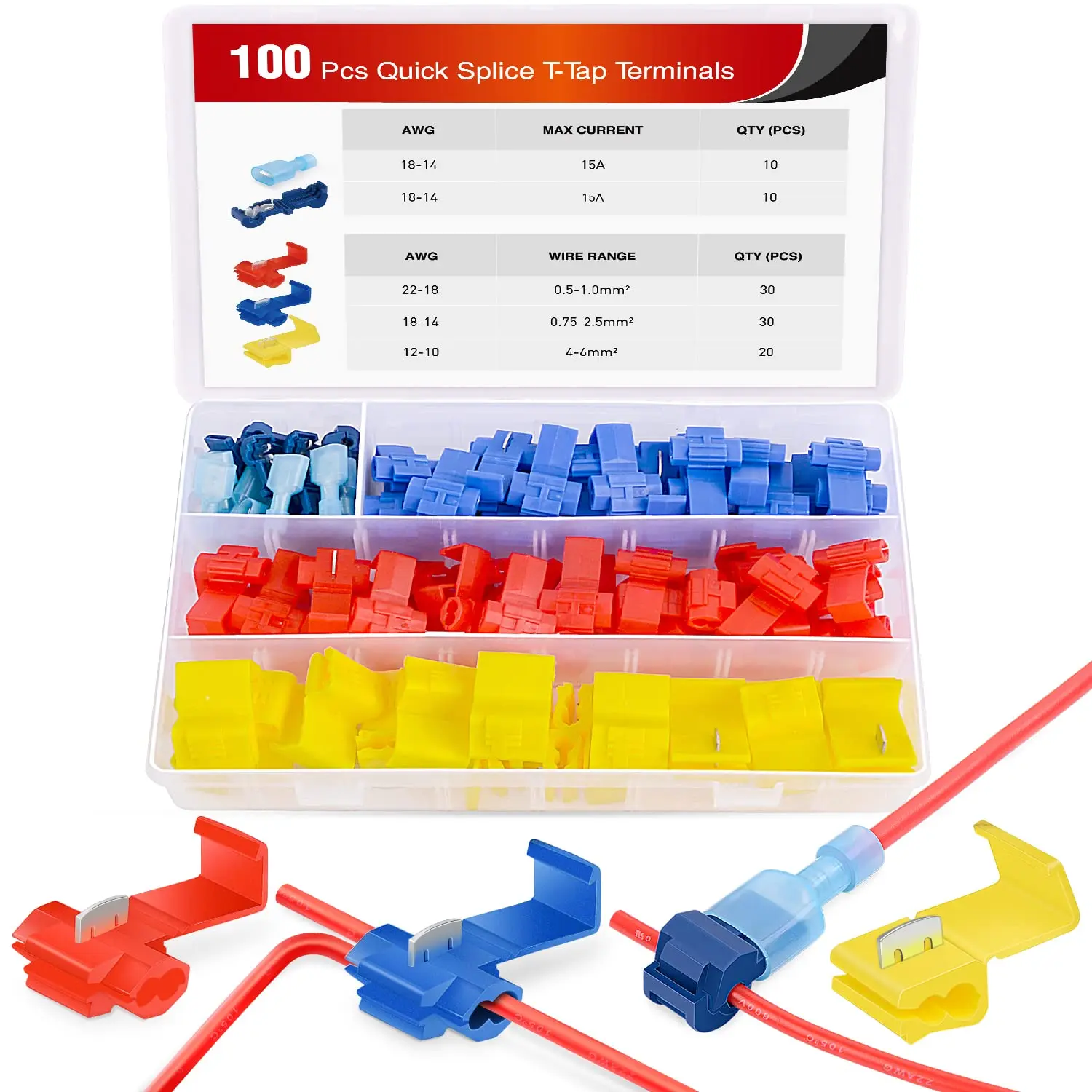 Nilight 100PCS Quick Splice Solderless Wire and T-Tap Electrical Connectors 22-18 18-14 12-10 AWG T Tap Insulated Terminal Assortment Kit summervibes