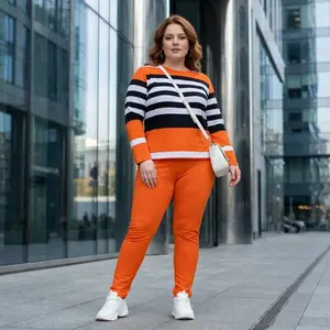 Women's Plus Size Striped 2-Piece Basic Clothes Set - Soft Knit Fabric, All-Season Wear, Bold Color Block Stripe, Casual Lady's Matching Outfit with Pants
