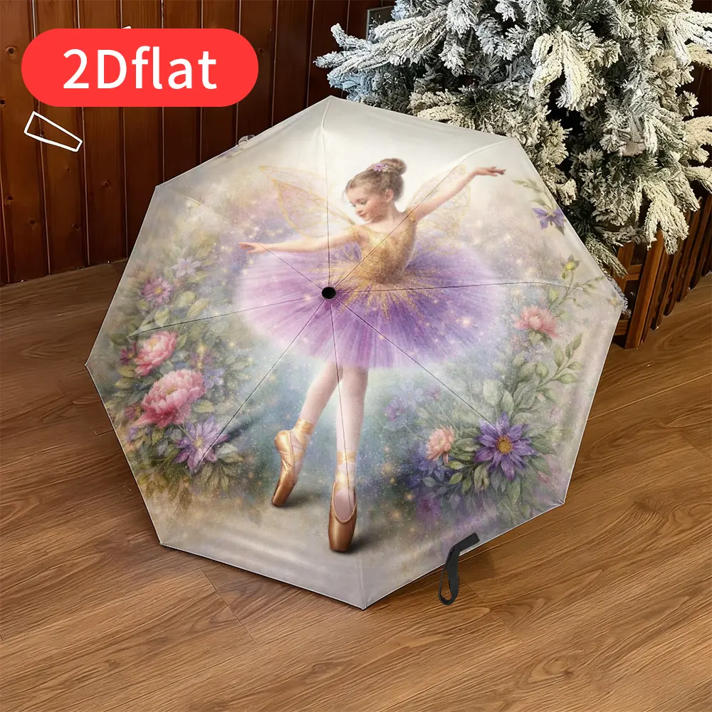 A Dreamy Butterfly Fairy Folding Umbrella – featuring 2D flat printing, an elegant pink-purple tutu adorned with golden accents, set against a delicate floral background. Lightweight and portable, perfect for casual
