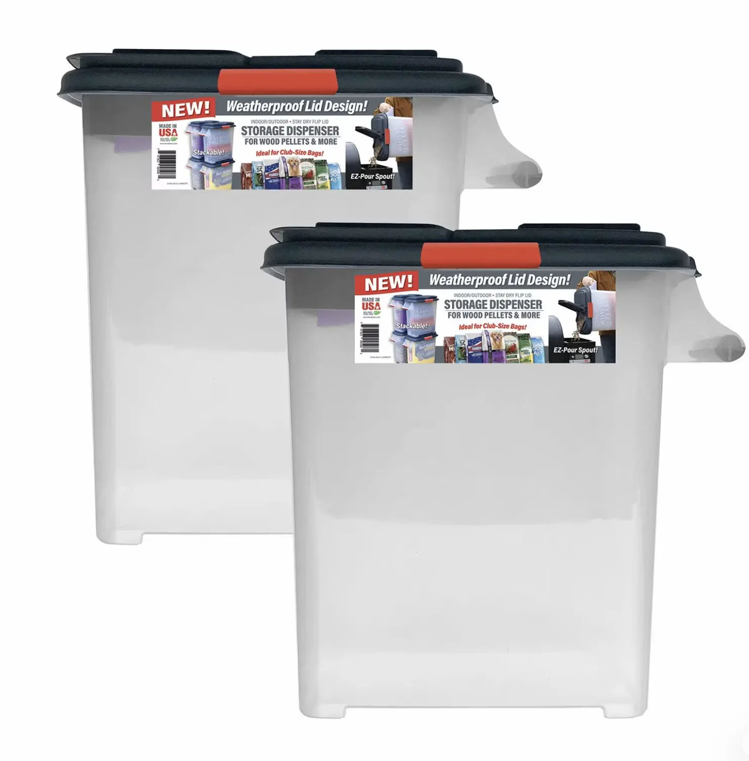 Buddeez Weatherproof Plastic Storage Bins with Gasket-Lid Lock - 2-Pack Durable Storage Organizer, Box Holder Container for Bulk Wood Pellets, Charcoal