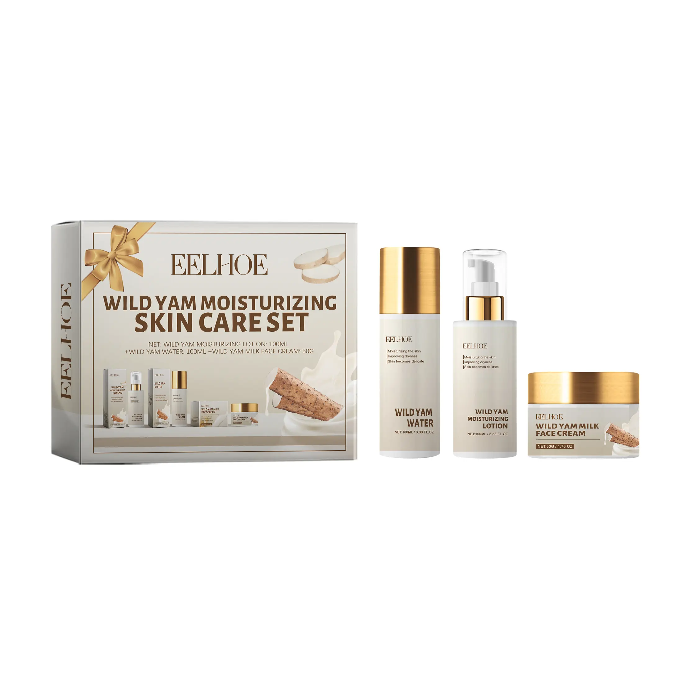 EELHOE Wild Yam Moisturizing Skin Care Set - Hydrating & Moisturizing Skin Care Cream Lotion Refreshing Non-Greasy Facial Toner