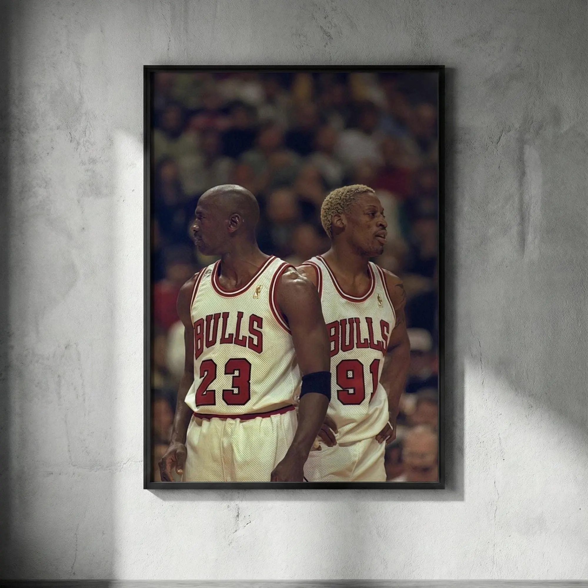 Michael Jordan and Dennis Rodman Poster - Iconic Chicago Bulls Duo Wall Art, Vintage 90s Basketball Print for Gym, Man Cave Sports Decor.