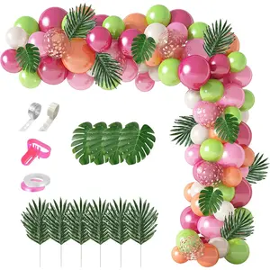 117Pcs Tropical Balloons Arch Garland Kit, Hot Pink Green Rose Gold Confetti Balloons Palm Leaves & 5Tools for Tropical Hawaii Aloha Luau Flamingo Theme Birthday Party Shower Wedding Decorations