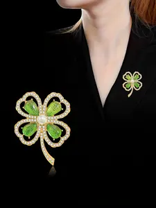 Fashionable Charming Rhinestone Artificial Crystal Lucky Clover Brooch, Elegant Jewelry Accessory, Perfect for Women and Girls
