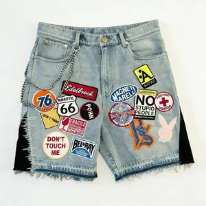 Y2K Retro Patchwork Denim Shorts Cartoon Graphic Streetwear | Loose Fit Hip Hop Blue Jean Shorts for Men & Women | Trendy TikTok Summer Outfit