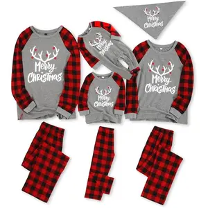 Matching Family Pajamas Sets Christmas PJ's with Letter and Plaid Printed Long Sleeve Tee and Bottom Loungewear