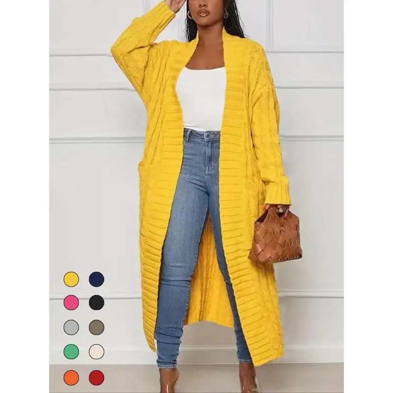 Women's Solid Color Textured Drop Shoulder Pocket Longline Cardigan, Casual Open Front Long Sleeve Knitwear Fall & Winter, Women's Knit Clothing Daily Wear, Lady Baggy Cardigans Women, Womenswear, Casual Knit Top