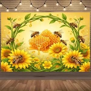 Vibrant Bee & Honeycomb Party Banner - Polyester Wall Decor with Golden Honey, Daisies, and Realistic Bees for Home, Room, or Event Backdrop, Bee Decor