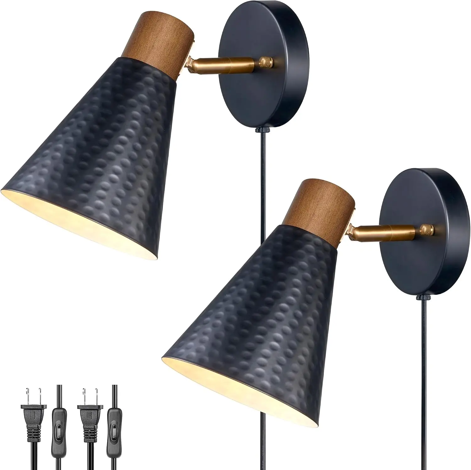 Plug in Wall Sconces Set of 2, Modern Bedroom Wall Light with on/off Cord, Wooden Plug Sconce with Hammered Metal Shade, Corded Wall Sconce Light for Decor Bedroom, Living Room, Hallway