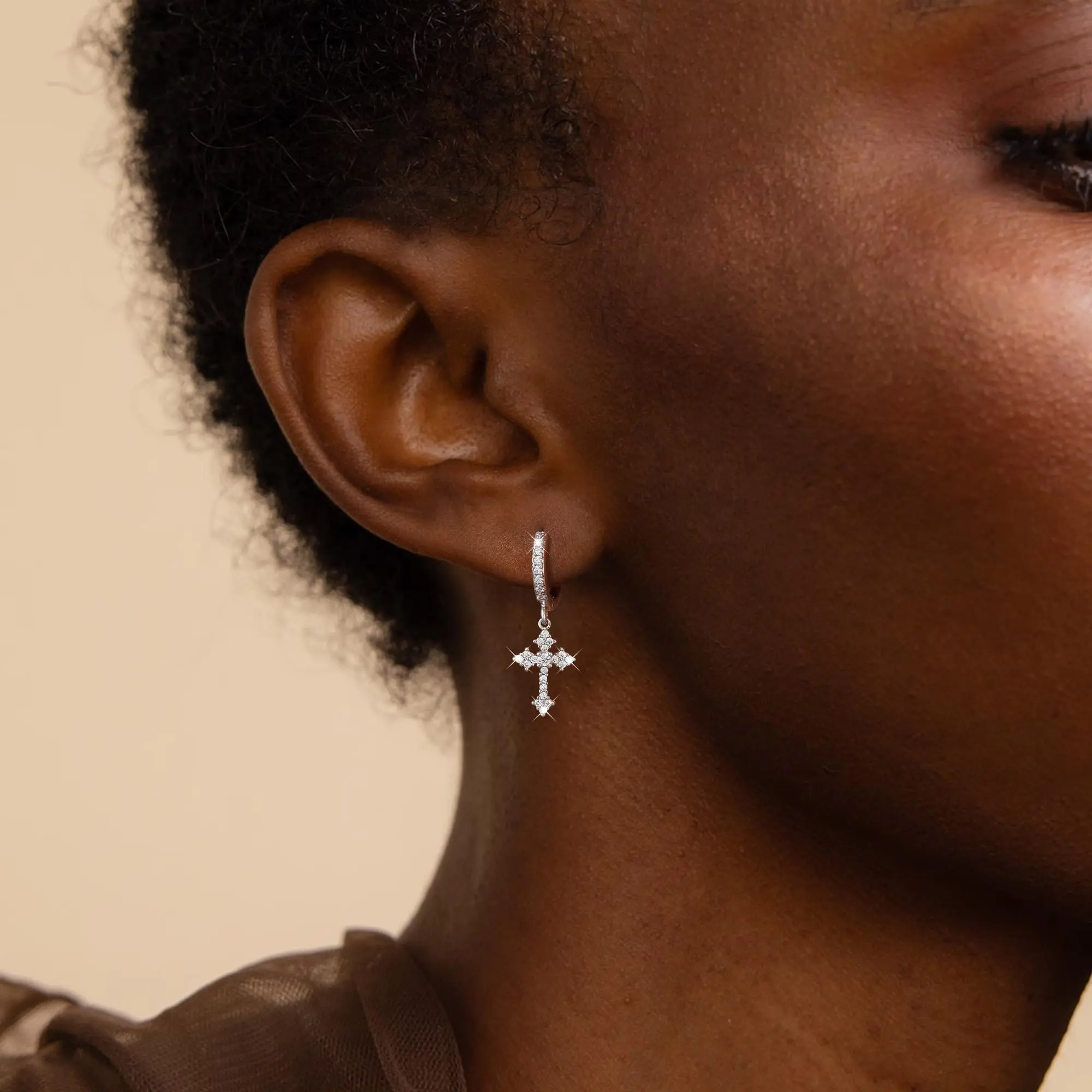 Cross Hoop Dangle Earrings 14K Gold Plated 5A+ Cubic Zirconia Cartilage Hypoallergenic Sterling Silver Cross Dangle Drop Earrings For Men Women
