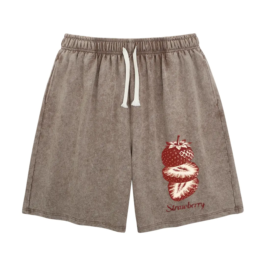 Wayii Women's Acid Washed Strawberry Print Shorts - Unisex Effortless Baggy Cotton Elastic Character Print Retro Cottagecore Drawstring Loose Sweet Casual Streetwear Shorts, Effortless Shorts, Baggy Cotton Shorts
