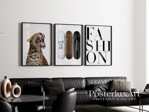 Leopard Wall Art Set, Stockholm Style Printable Poster, Modern Skateboard Art, Black White Home Decor