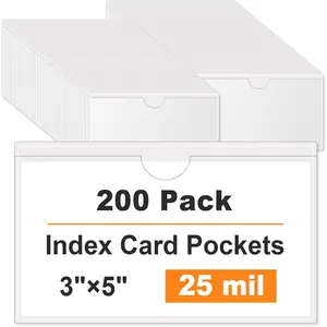 200 Pack Clear Adhesive Pockets 3" x 5", Self-Stick Index Card Pockets with Top Open Loading for Storage Bins, Library Card, Drawer & Classroom Organization