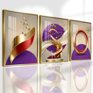 3 Counts Aluminum Alloy Framed Painting, Abstract Golden And Red Geometric Shapes With Deer Pictures, Home Decoration For Living Room, Bedroom, Office, Restaurant, Hallway Wall Decor, Odorless Print Artwork, Luxury Perfect Gift For Friends And Family