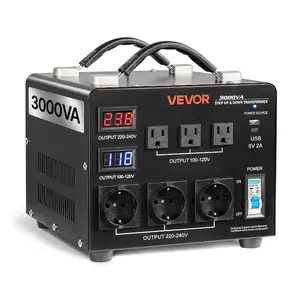 VEVOR Voltage Auto Converter Transformer, 3000VA, Heavy Duty Step Up/Down Power Transformer, 110V to 220V and 220V to 110V, with 3 US Outlets, 3 EU Outlets, LCD Display, Circuit Breaker Protection