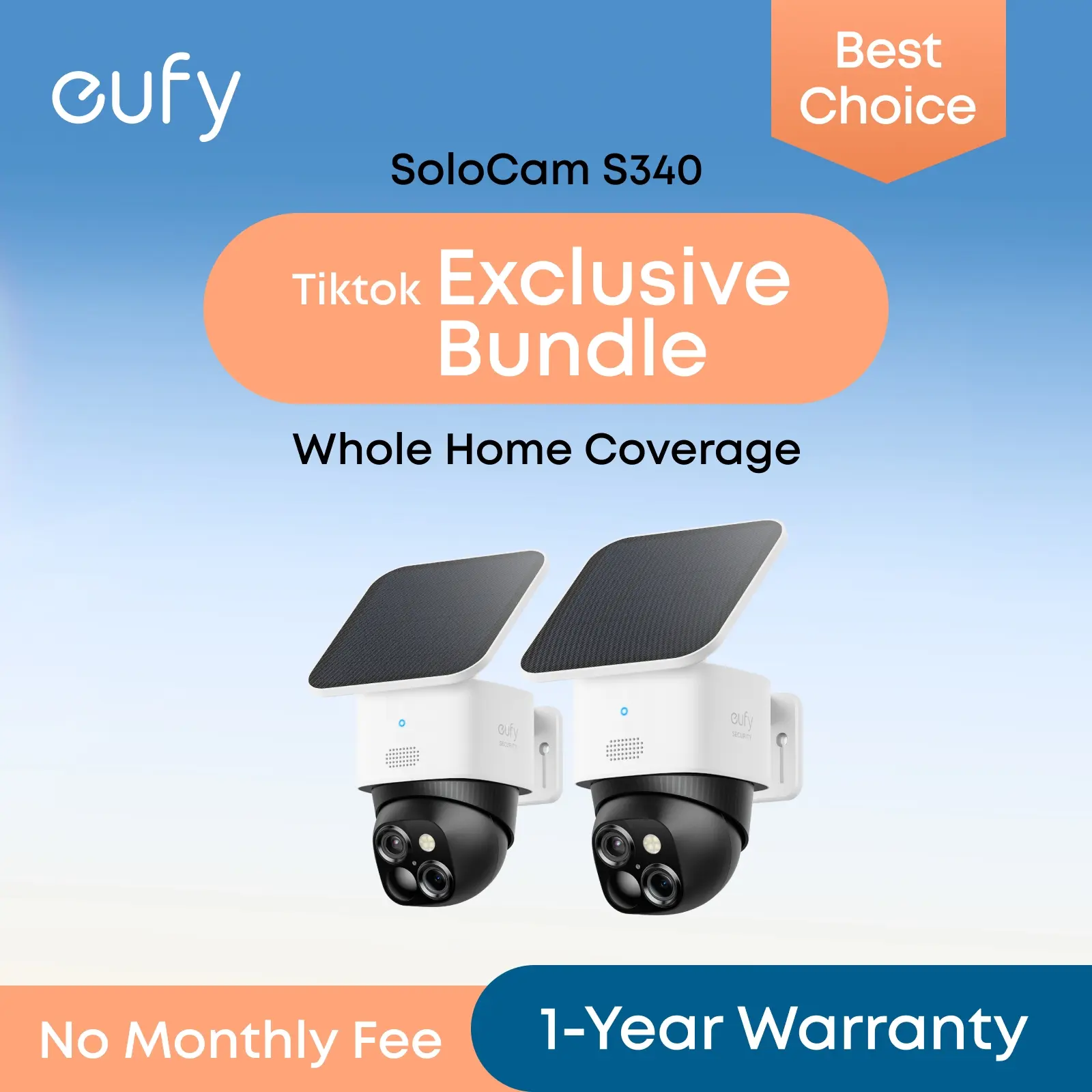 【Exclusive Bundle】eufy Security SoloCam S340 360° Pan & Tilt Solar Security Camera 2.4 GHz Wi-Fi No Monthly Fee HomeBase S380 Compatible - Ai Auto Lock And Tracking