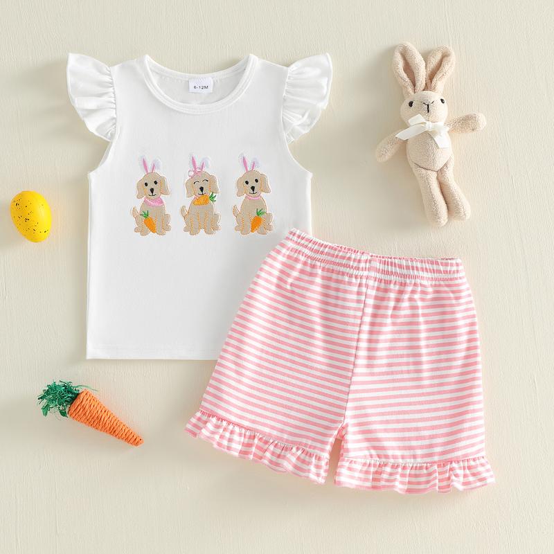 Little Kids Toddler Baby Girl Easter Outfit Fly Sleeve Dog Embroidery Shirt Top Stripe Shorts Set Summer Clothes
