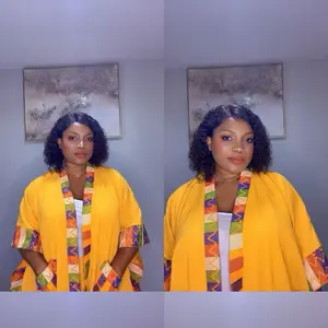 Kente and Linen Two Pieces Set - Yellow Color Block with Colorful Kente Print Design