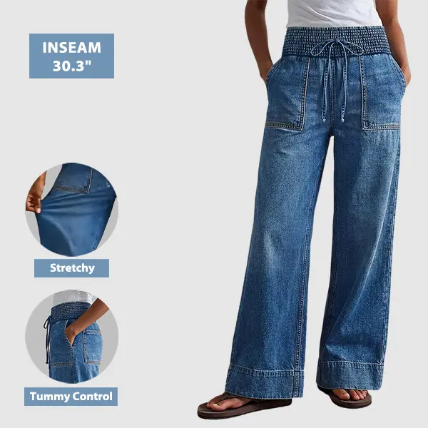 Flamingals Wash Patch Pocket Drawstring Shirred High Rise Straight Leg Jeans Womenswear Stretchy 30.3" Inseam Flamingals Wash Patch Pocket Drawstring Shirred High Rise Straight Leg Jeans Womenswear Stretchy 30.3" Inseam