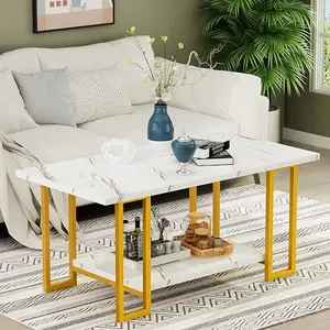 LinkRomat Marble Coffee Table, Faux Marble Top Rectangular Coffee Table with Black Metal Frame, 2 Tier Table for Living Room, Office, Balcony