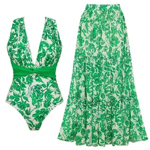 FLAXMAKER Women's Convertible Strap V Neck Tummy Control Green Print One Piece Swimsuit and Matching Skirt Set V-Neck Swimdress Swimwear Bathing Suit Stylish Beachwear #TikTokShopBlackFriday Tankini Tops