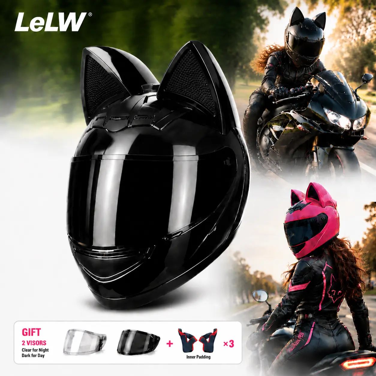 LeLW Cat Ear Motorcycle Helmet, Cute Full Face Helmet for Women & Men, DOT Certified Safety Helmet with Dual Visor, Removable Washable Liner, Bluetooth Ready, Adjustable Fit System, Includes Helmet Bag