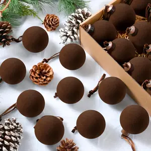 30 count  Christmas Balls,2.4 Inch Flocked Ornaments with  Ribbons, Shatterproof Plastic Christmas Bulbs Ornaments for Family Holiday Party Xmas  Decoration(Brown)