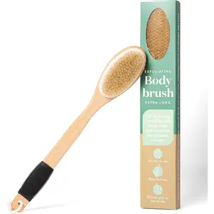 17" Dry Brushing Body Brush - Medium Firmness, Natural Color & Silicone Grip - Extra Long Bath Brush - Ergonomic Curved Handle Design w/Hang Rope - Back Scrubber for Shower