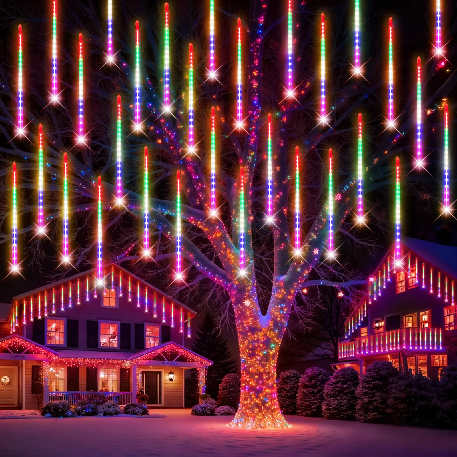PEMOTech Halloween Lights Outdoor,24 Tubes(Equivalent to 3 Sets of 8-Tubes) 576 Led Meteor Shower Lights, Waterproof Icicle Light for Xmas Tree Christmas Party, Ul Plug,Cool White