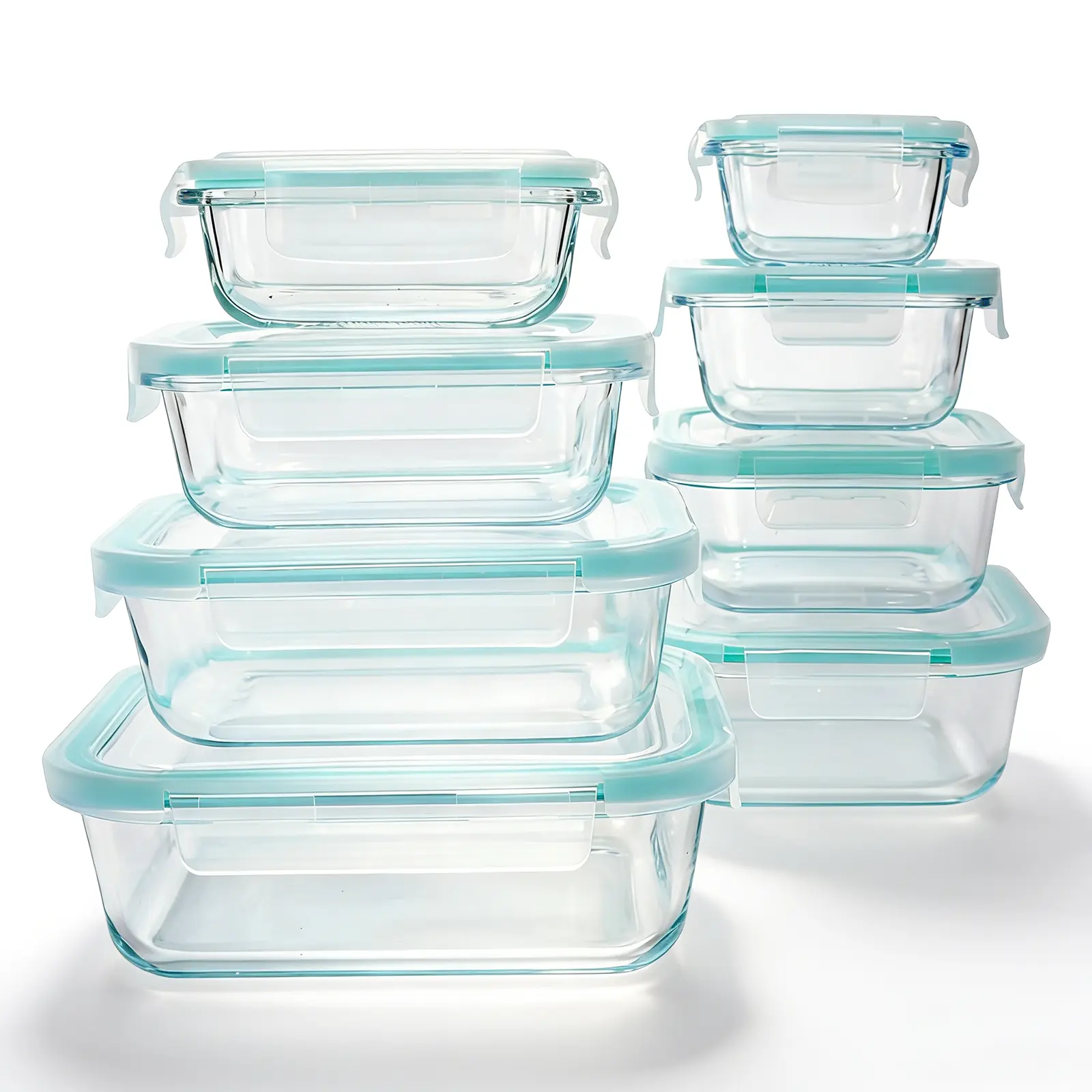 Premium Glass Food Storage Containers 8 Pack Stackable Square Design with Airtight Lids Green Rectangle Safe for Oven Microwave Freezer High Temperature Durable Kitchen Utensils#Summervibes