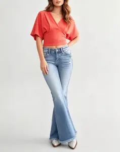 Women's Casual Mid-Rise Ripped Bell Bottom Flare Jeans with Destroyed Hem