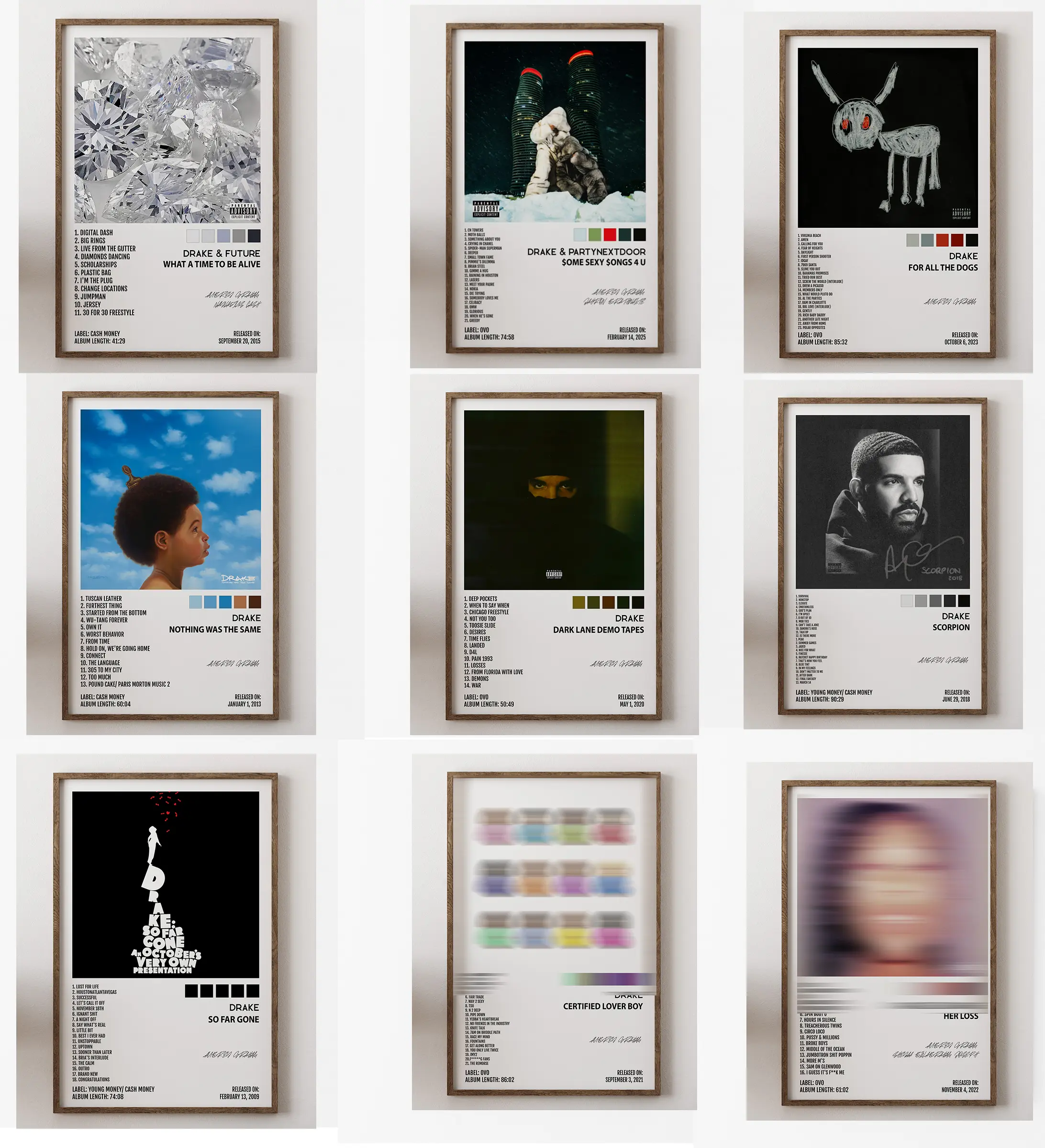 Set 9 Drake Rapper Music Bundle Album Cover Wall Art Poster HD Print Unframed Aesthetic Room Home House Modern Wall Decor Trendy Gift For Fan.