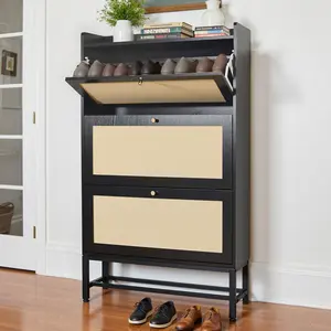 Slim Entryway Shoe Storage Cabinet with 3 Flip Drawers, Modern Freestanding Shoes Organizer Holds 16-20 Pairs, Closed Shoe Storage for Hallway, Foyer - Space-Saving Wood Shoe Cabinet