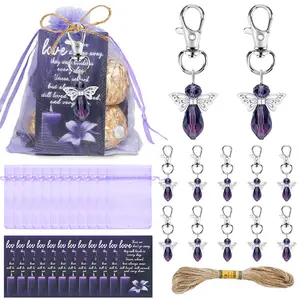 Funeral Favors, Purple Angel Rhinestone Keychains with Thank You Cards &Organza Bags, Memorial Service Guest Gifts, Sympathy Thank You Party Supplies