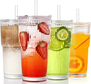 4PCS Ribbed Glass Cups with Lids and Straws, 20oz Vintage Drinking Glasses, Aesthetic Iced Coffee Cups, Glass Tumbler for Boba, Beer, Tea, Cocktails, Ribbed Glassware Set,Clear