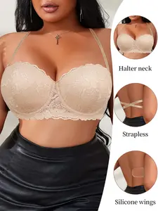 Plus Size Women's convertible lace bra, strapless halter neck push-up bra with silicone support, suitable for party dresses.