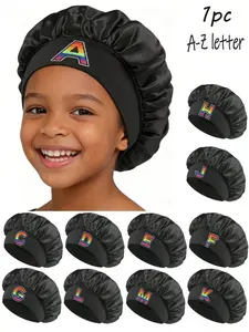 Black Kids Satin Sleep Bonnet With Rainbow A-Z Custom Embroidery, Personalized Letter Silk-Like Hair Care Cap For Girls, Soft Breathable Night Hat With Elastic Band, Anti-Frizz Sleeping Headwear For Toddler, Cute Decorative Hair Wrap For Daily & Photoshoo