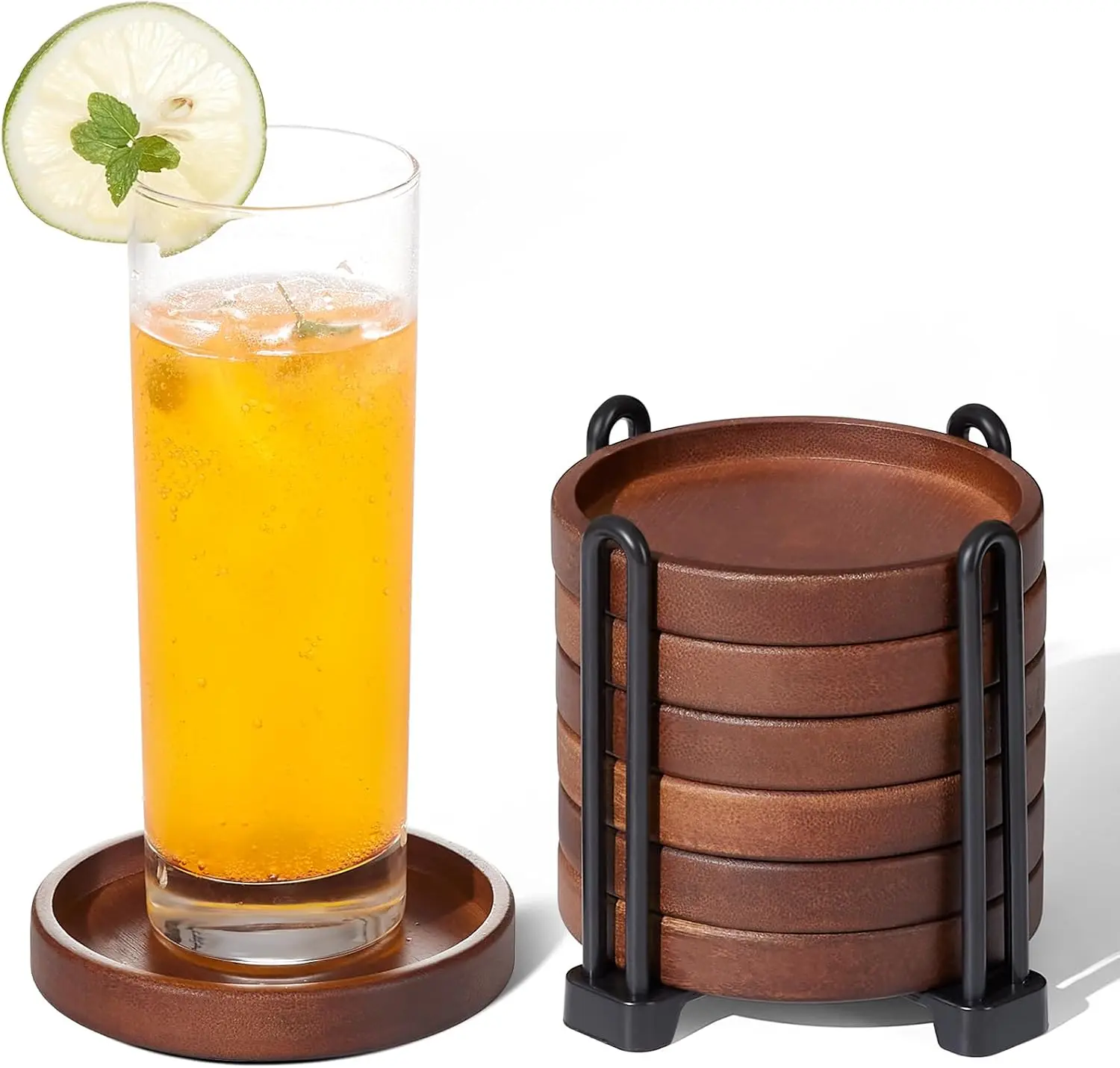 Set of 6 Wooden Coasters with Holder - Coffee Table Coasters for Drinks, Modern Home Decor, Dining Table Decorative Set, Cute Beer Bar Rustic Outdoor Wood Coaster