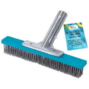 Professional 10" Stainless Steel Pool Algae Brush with EZ Clip Handle - Durable Bristles, Remove Calcium Buildup, Rust Stains, Sweep Debris