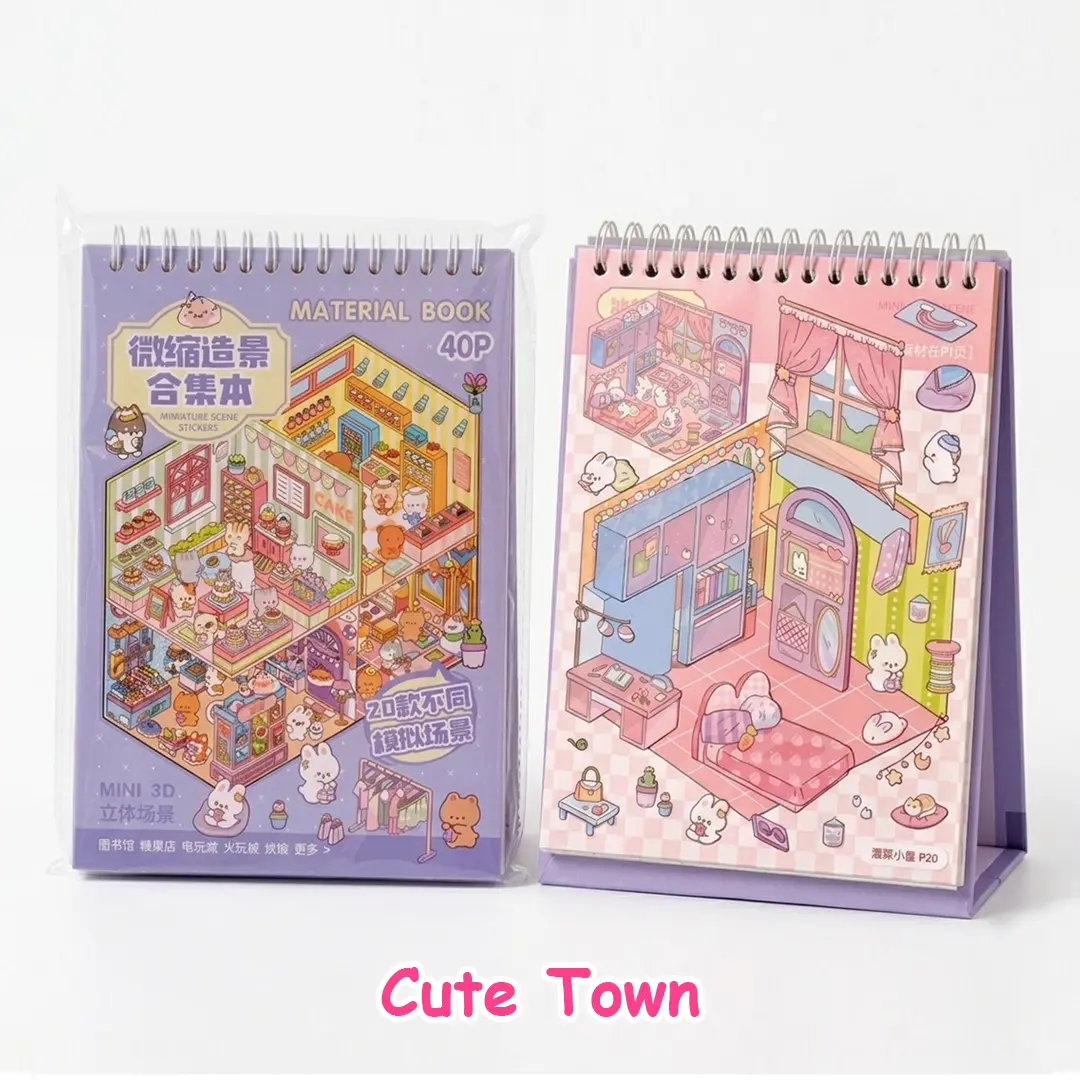 2-Pack Mini 3D Diorama Sticker Books, Reusable PET Books with Cartoon Business & Cute Scenes, 20 Unique Room Backgrounds, DIY Craft Kit for Children & Adults, Scrapbook Decor Tiny House Toy