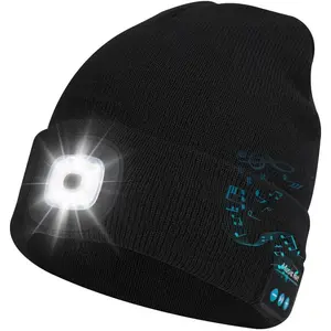 Bluetooth Beanie with Light, Musical Knit Hat with Headphones and Built-in Speaker Mic, Gifts for Men Women Dad